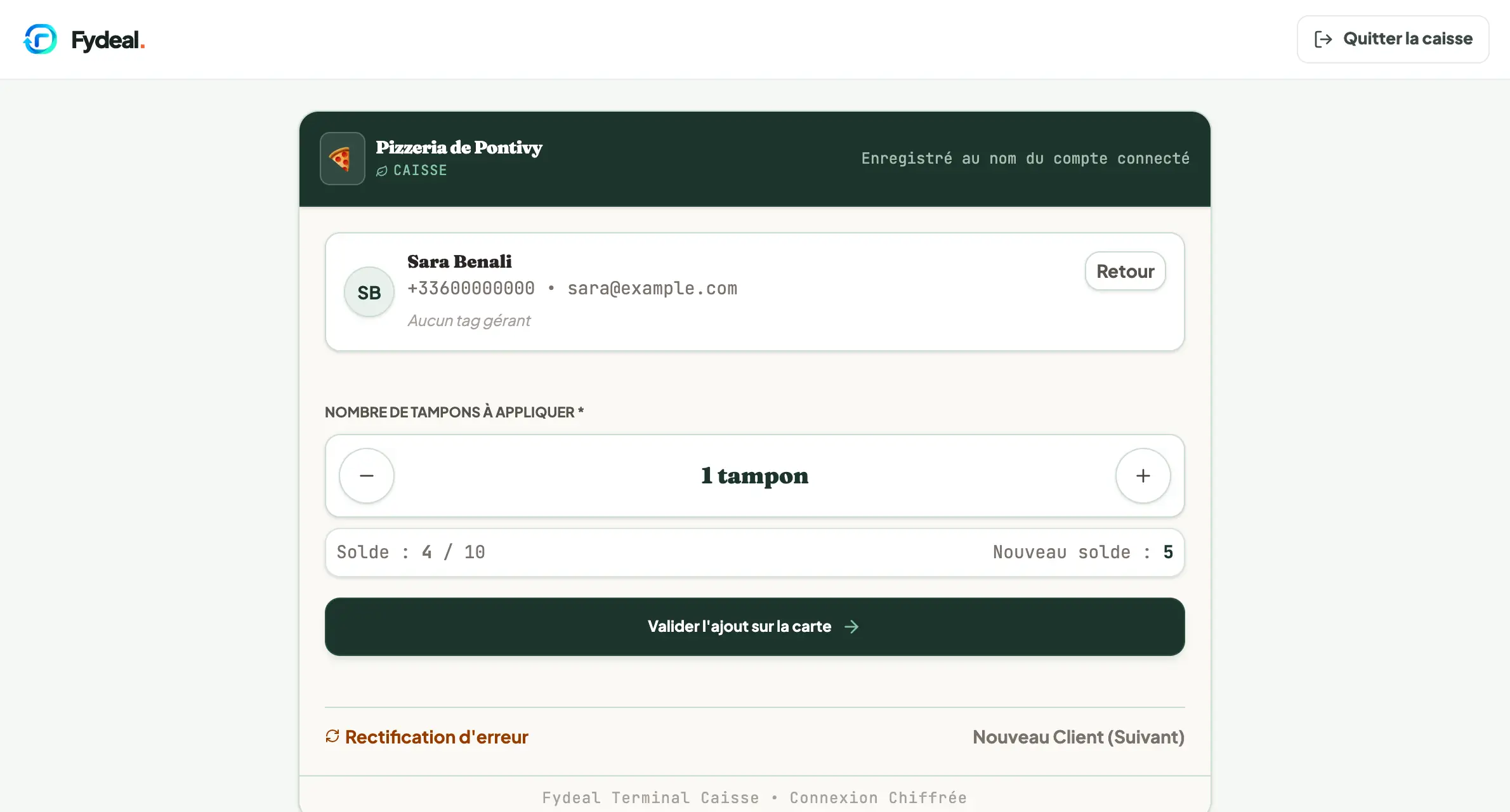 L’espace Caisse de Fydeal avec la recherche client et le programme de fidélité